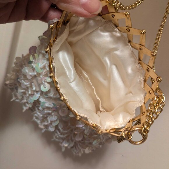 Fancy Vintage White Satin Sequins + Pearls Formal Purse Unique Closure - Picture 3 of 4